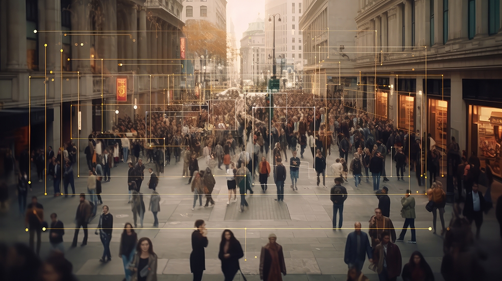 AI Facial Recognition scanning each person in crowd on the street, AI-generated